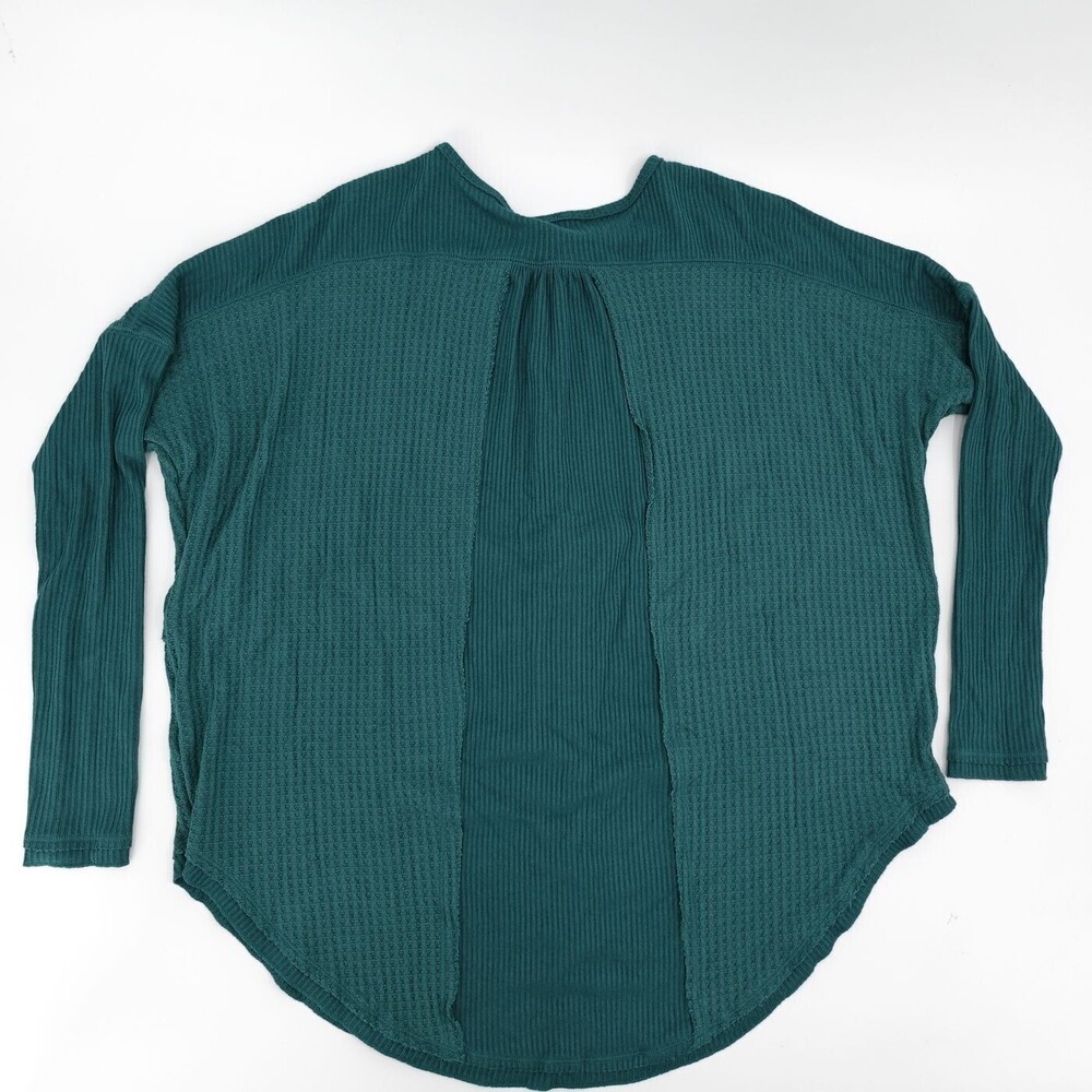 Free People Henley Top Womens XS Green Waffle Knit Long Sleeve Oversize Boho